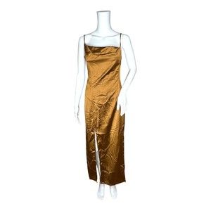 Missguided Satin Midi Dress Bronze Strapy Back Open Back Sleeveless Cowl Neck 12